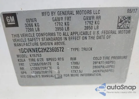 2017 Chevrolet Silverado 1500 Wt из США, поврежденный, VIN 1GCVKNEC2HZ360572